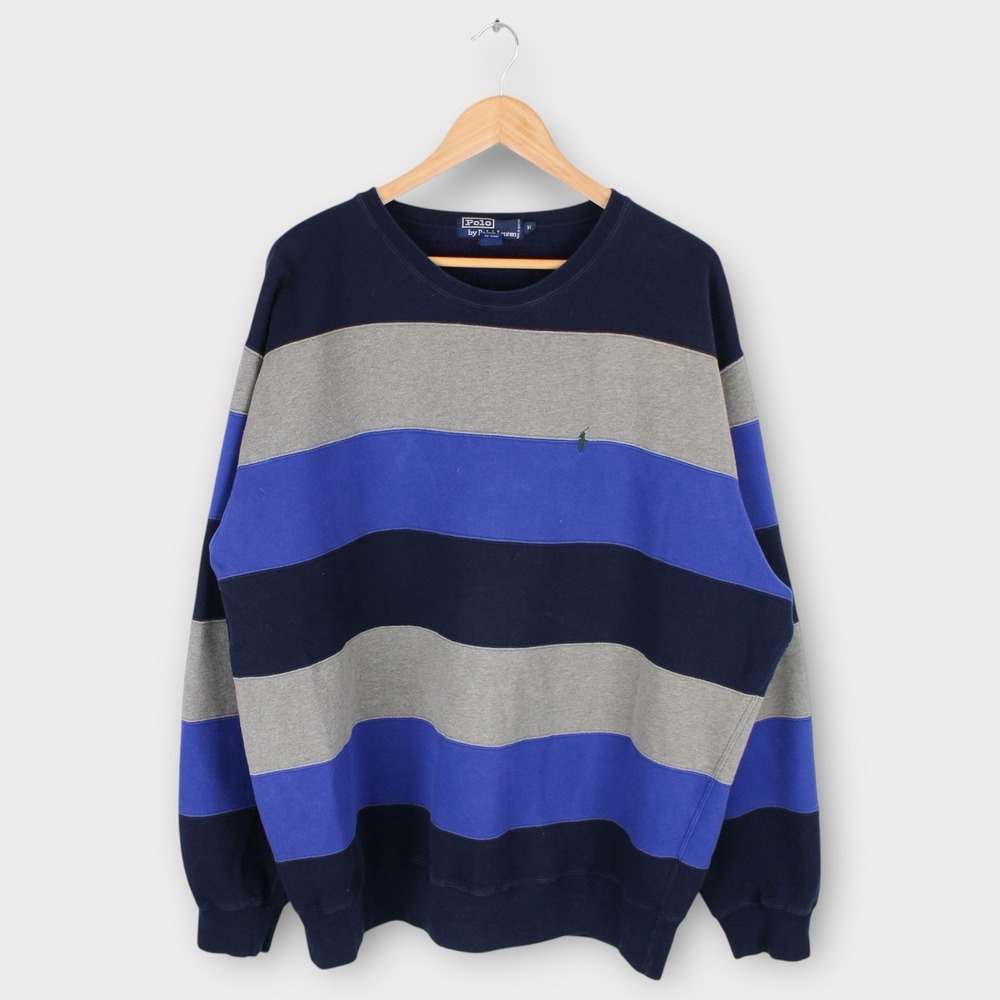 Polo Ralph Lauren Striped Crewneck Sweatshirt XL Navy Blue Gray Cotton